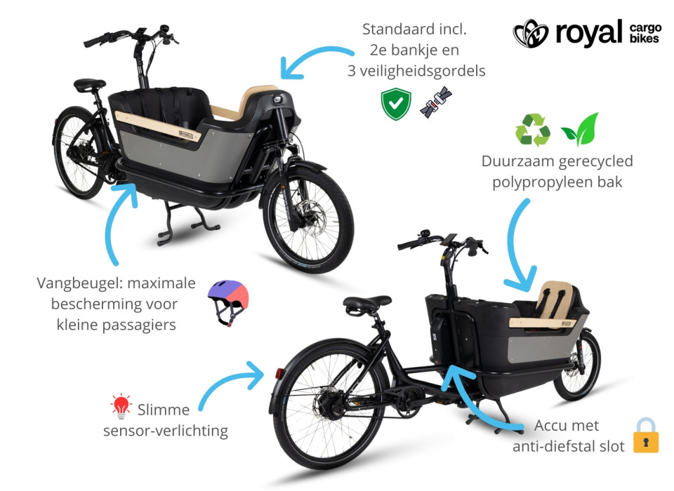 Royal Cargo Bike 2W Premium Plus - elektrische tweewieler bakfiets - Taupe Grijs